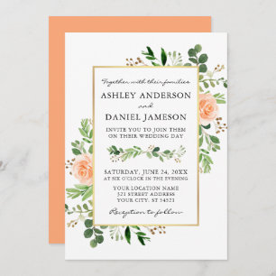 Watercolor Greenery Peach Roses Wedding Invitation
