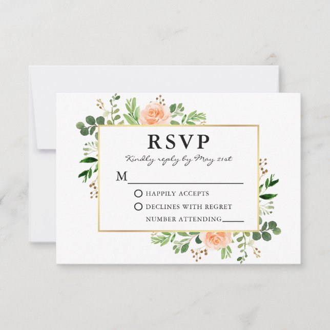 Watercolor Greenery Peach Roses Wedding RSVP Card (Front)