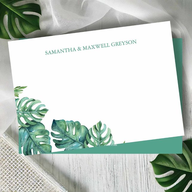 Watercolor Greenery Personalised Stationery Card (Palm beach stationery watercolor monstera palm leaves art by Victoria Grigaliunas Do Tell A Belle)