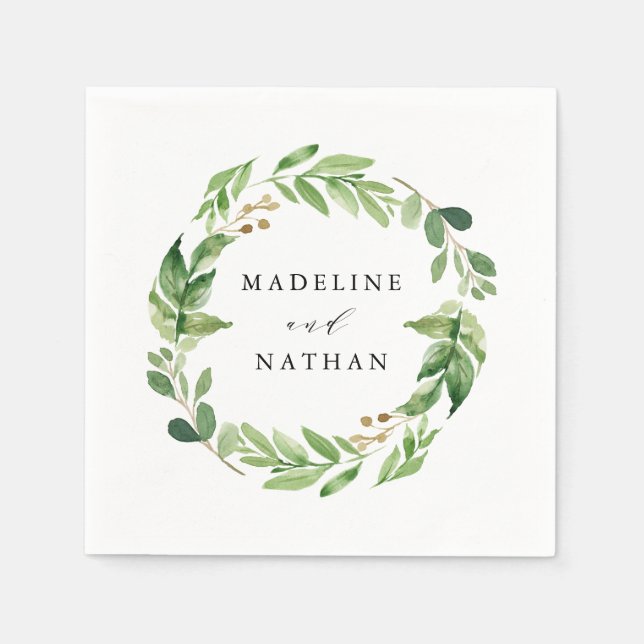 Watercolor Greenery | Personalised Wedding Napkin (Front)