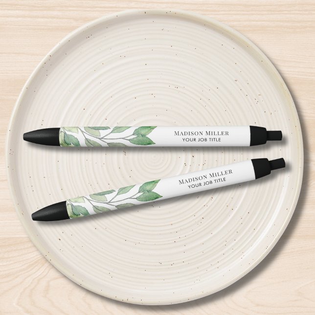 Watercolor Greenery Personalized Job Title Black Ink Pen (Creator Uploaded)