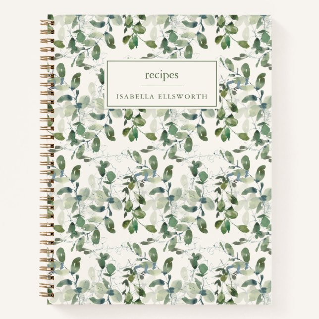 Watercolor Greenery Personalized Name Recipe Notebook (Front)