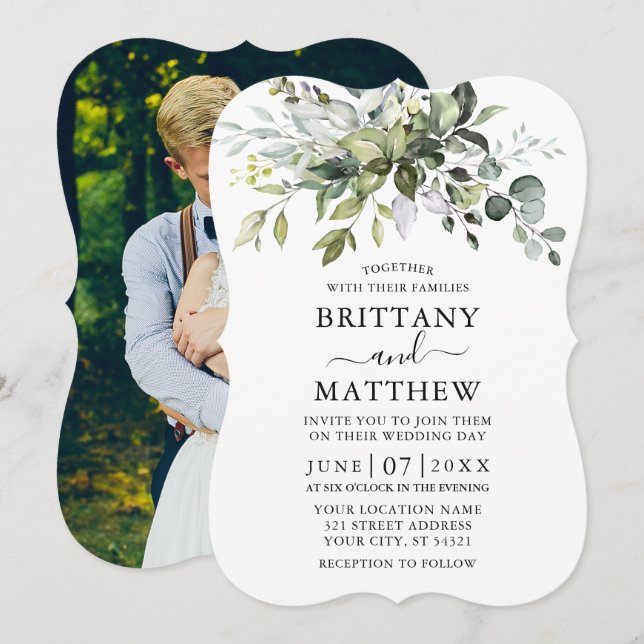 Watercolor Greenery Photo Bracket Wedding Invitation (Front/Back)