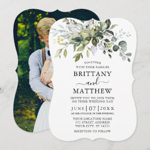 Watercolor Greenery Photo Bracket Wedding Invitation
