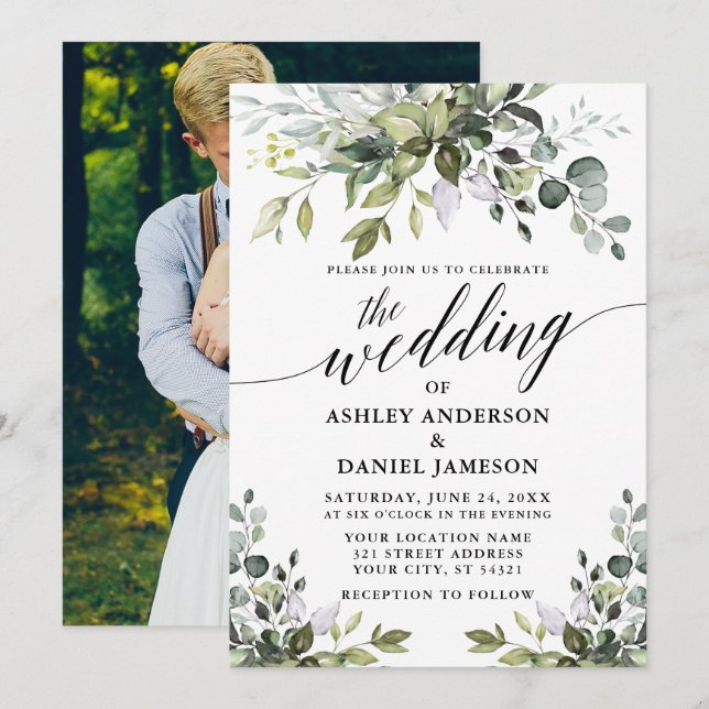 Watercolor Greenery Photo Calligraphy Wedding Invitation (Front/Back)