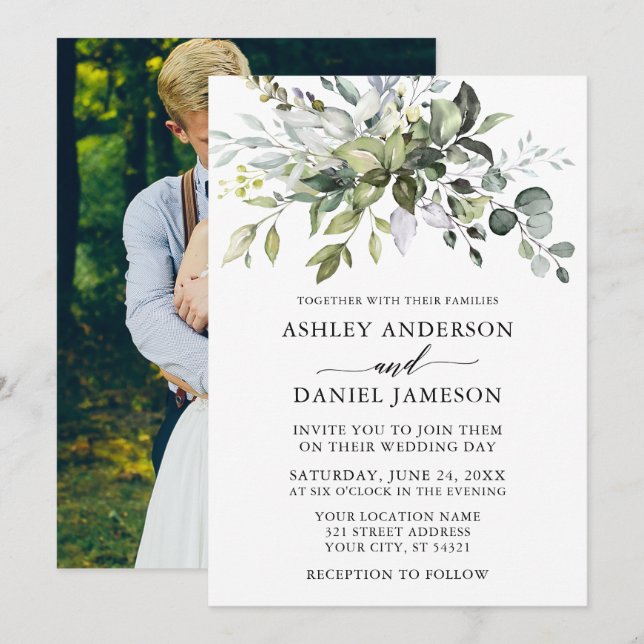 Watercolor Greenery Photo Calligraphy Wedding Invitation (Front/Back)