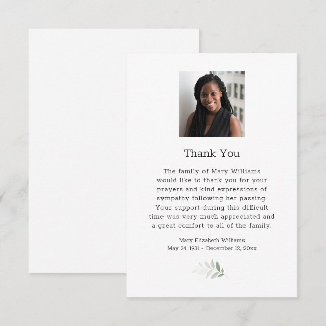 Watercolor Greenery Photo Funeral Thank You Card (Front/Back)