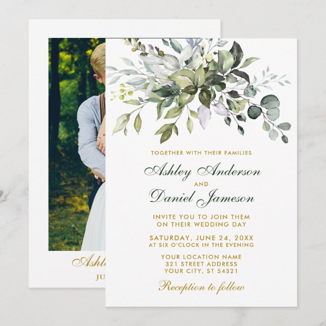 Watercolor Greenery Photo Green Gold Wedding Invitation (Front/Back)
