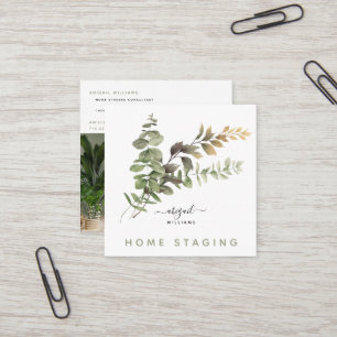 Watercolor Greenery Photo Home Staging Square Square Business Card