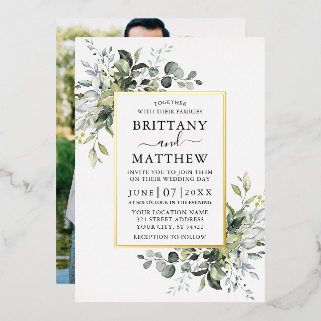 Watercolor Greenery Photo Wedding Gold (Front/Back)