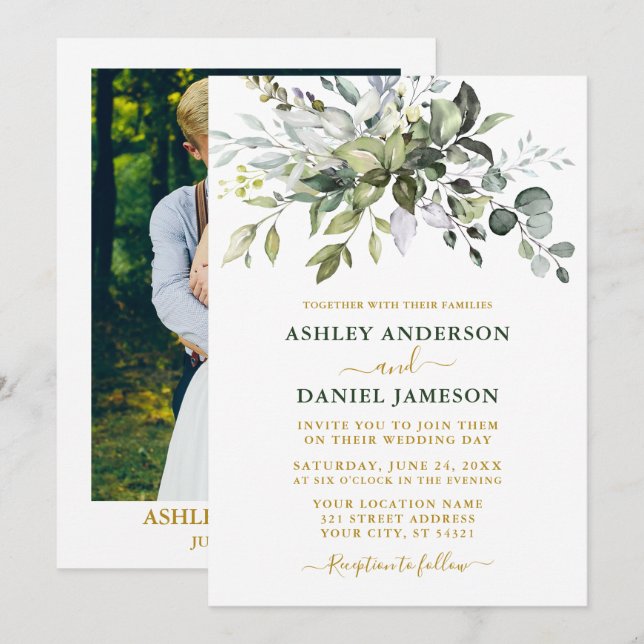 Watercolor Greenery Photo Wedding Gold Green Invitation (Front/Back)