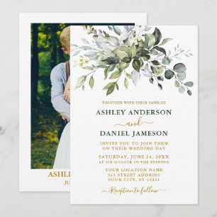 Watercolor Greenery Photo Wedding Gold Green Invitation