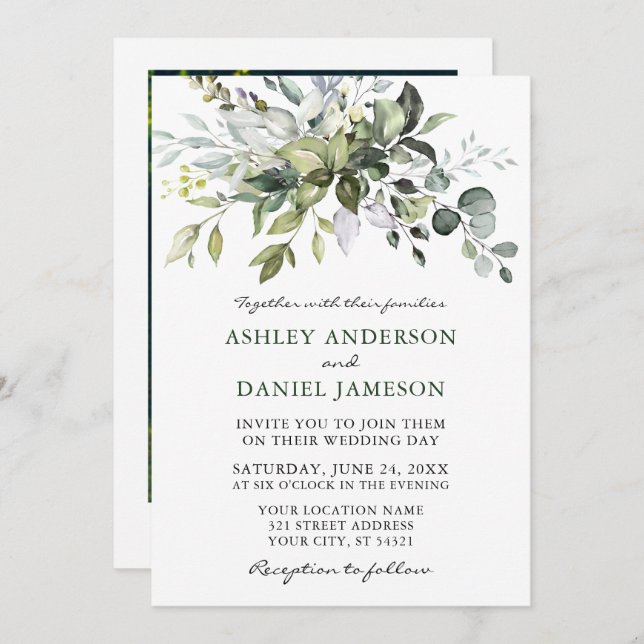 Watercolor Greenery Photo Wedding Invitation (Front/Back)