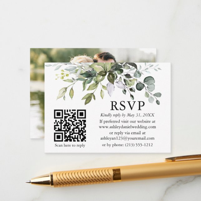 Watercolor Greenery Photo Wedding QR RSVP  Enclosure Card (Front/Back In Situ)