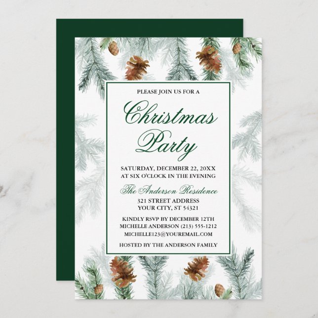 Watercolor Greenery Pine Cones Christmas Party Invitation (Front/Back)