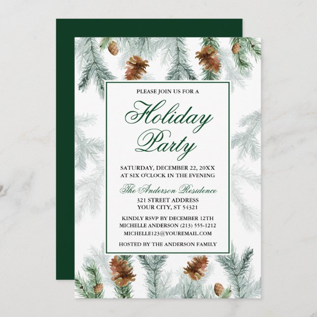 Watercolor Greenery Pine Cones Holiday Party Invitation (Front/Back)