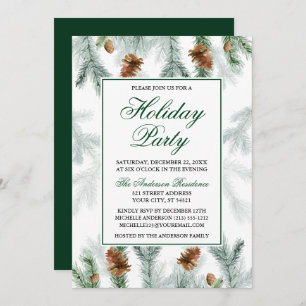 Watercolor Greenery Pine Cones Holiday Party Invitation