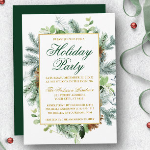 Watercolor Greenery Pine Holiday Party Gold Invitation