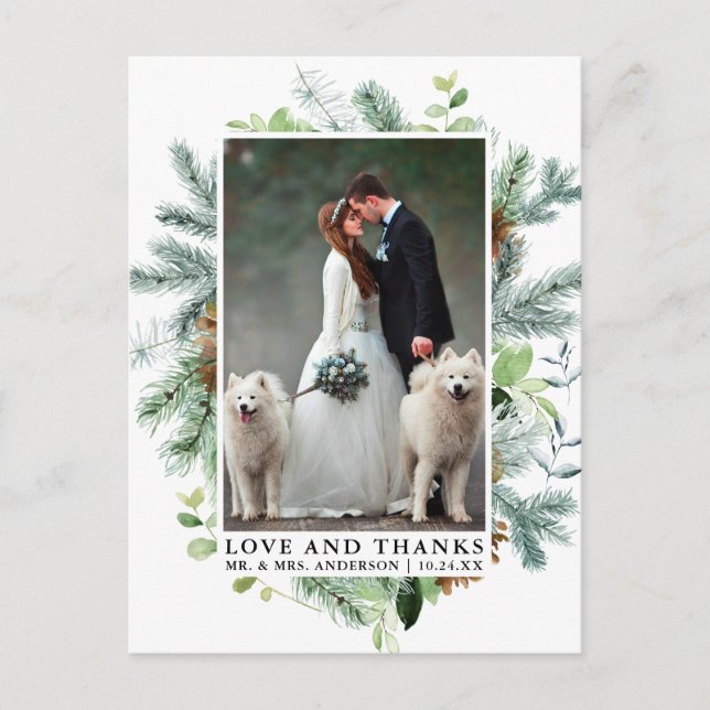 Watercolor Greenery Pine Love and Thanks Wedding Postcard (Front)