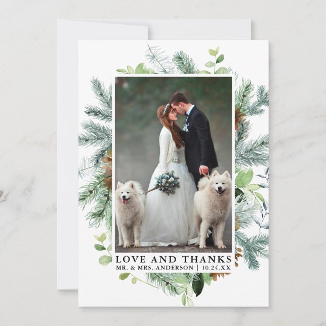 Watercolor Greenery Pine Love Thanks Wedding Thank You Card (Front)