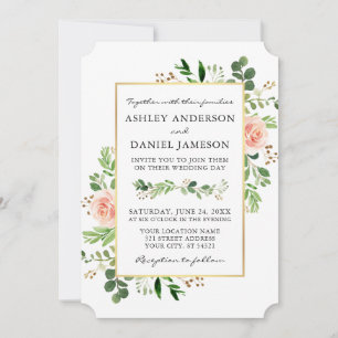 Watercolor Greenery Pink Blush Roses Wedding Invitation