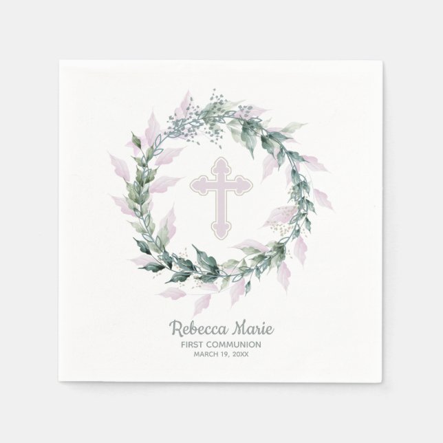 Watercolor Greenery Pink Cross First Communion Napkin (Front)