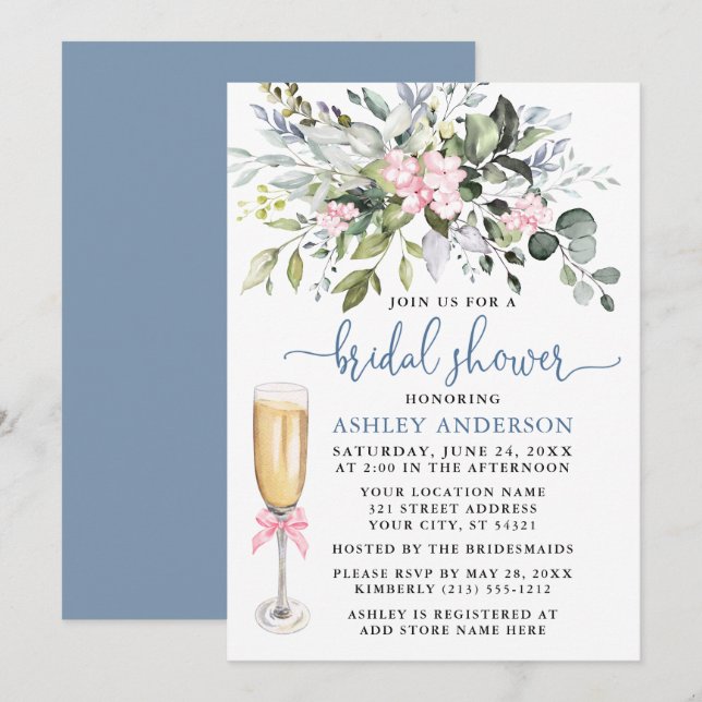 Watercolor Greenery Pink Dusty Blue Bridal Shower Invitation (Front/Back)