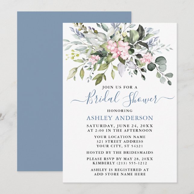 Watercolor Greenery Pink Dusty Blue Bridal Shower Invitation (Front/Back)
