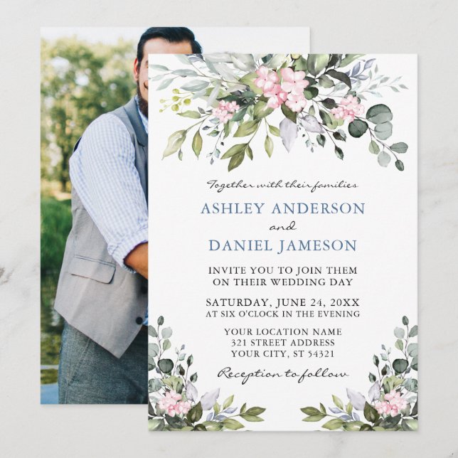 Watercolor Greenery Pink Dusty Blue Photo Wedding Invitation (Front/Back)