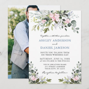 Watercolor Greenery Pink Dusty Blue Photo Wedding Invitation