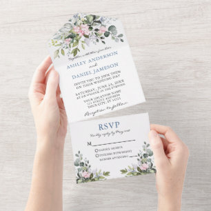 Watercolor Greenery Pink Dusty Blue Wedding All In One Invitation