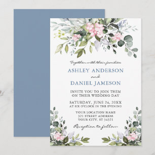 Watercolor Greenery Pink Dusty Blue Wedding Invitation