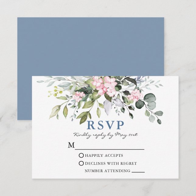 Watercolor Greenery Pink Dusty Blue Wedding RSVP Card (Front/Back)