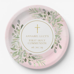 Watercolor Greenery Pink First Holy Communion Paper Plate