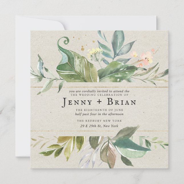 Watercolor Greenery | Pink Floral Square Wedding (Front)