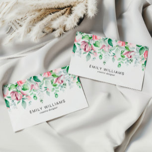 Watercolor Greenery Pink Flowers Business Card