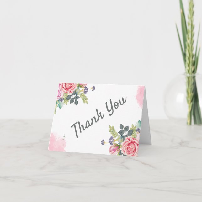 Watercolor Greenery Pink Flowers  Thank You Card (Front)