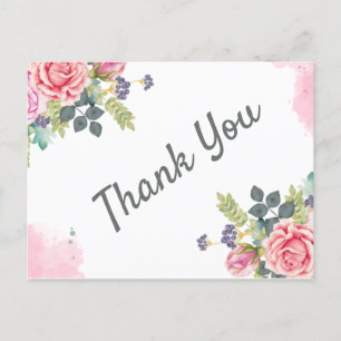Watercolor Greenery Pink Flowers Thank You Holiday Postcard