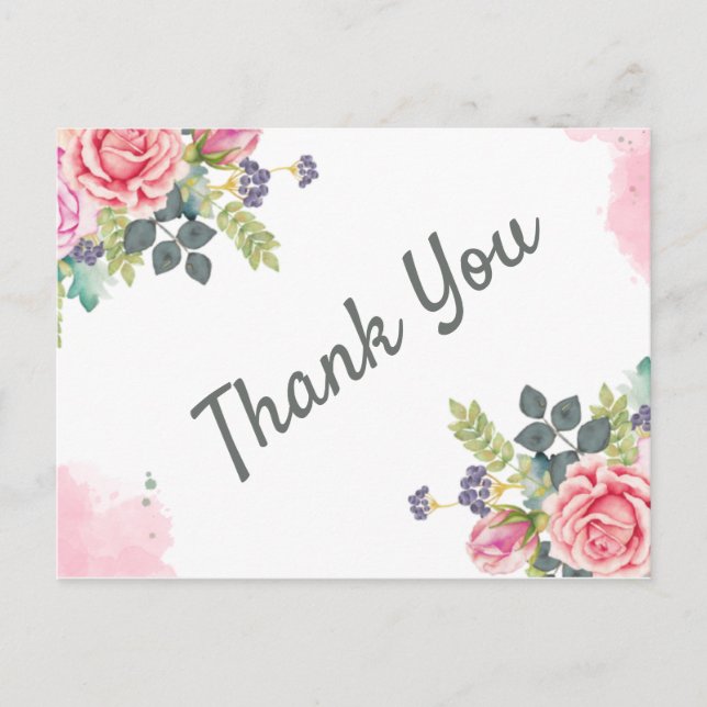 Watercolor Greenery Pink Flowers Thank You  Holiday Postcard (Front)