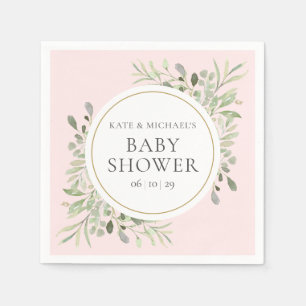 Watercolor Greenery Pink Girl Couples Baby Shower Napkin