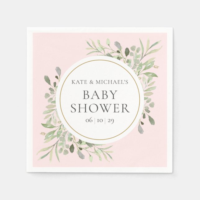 Watercolor Greenery Pink Girl Couples Baby Shower Napkin (Front)