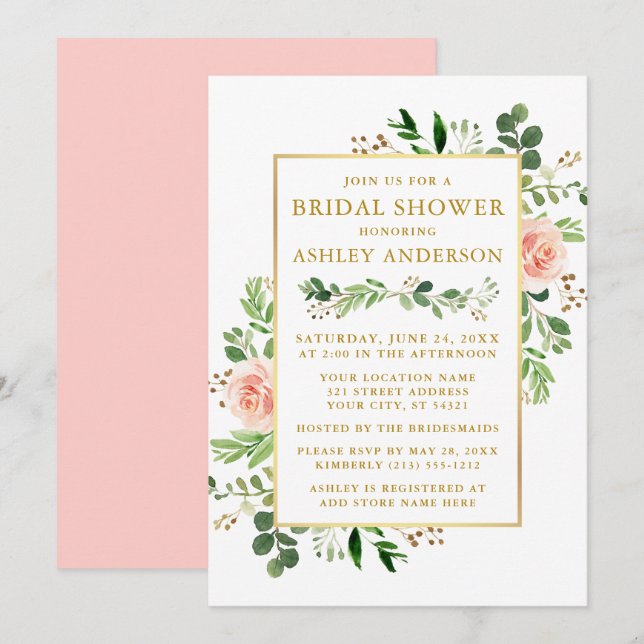 Watercolor Greenery Pink Roses Bridal Shower Gold Invitation (Front/Back)