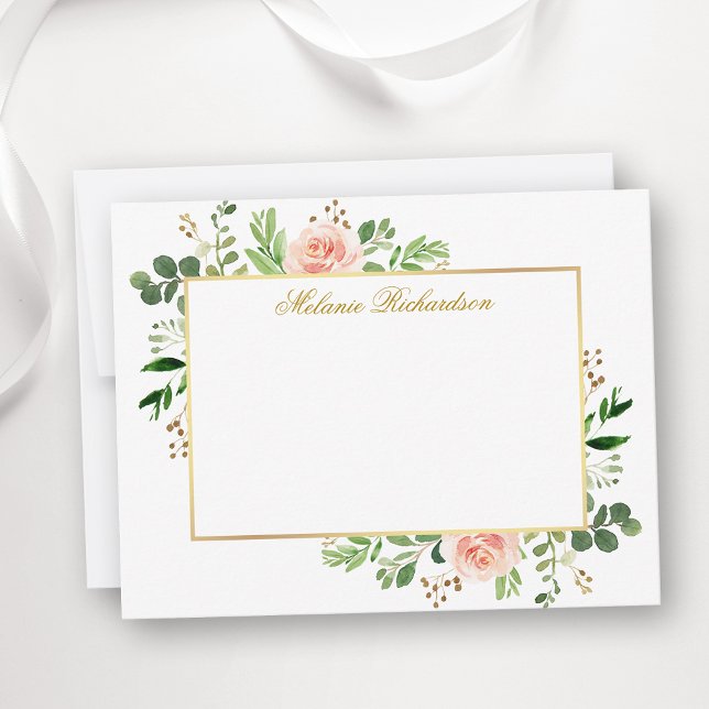 Watercolor Greenery Pink Roses Gold Personalised Card (Customize to change text color,  text style or to add more text to back of card.)