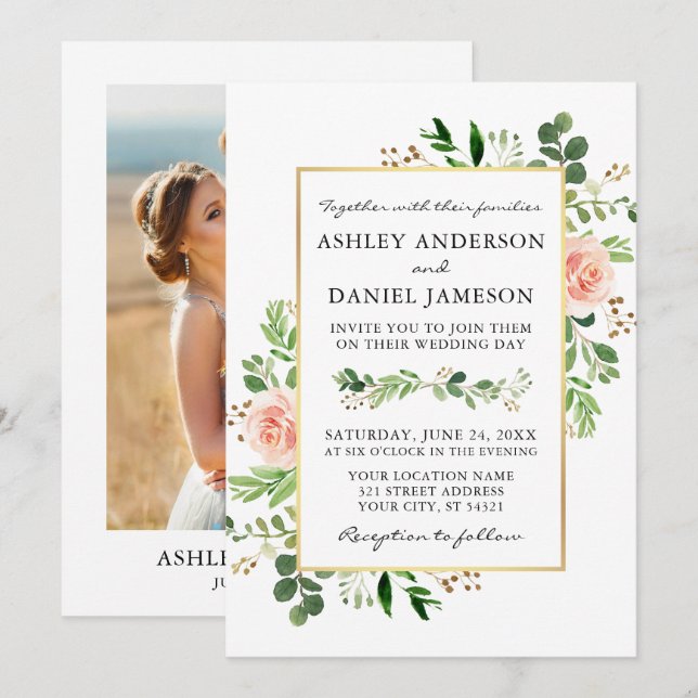 Watercolor Greenery Pink Roses Gold Photo Wedding Invitation (Front/Back)