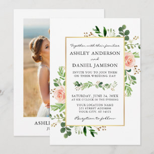 Watercolor Greenery Pink Roses Gold Photo Wedding Invitation