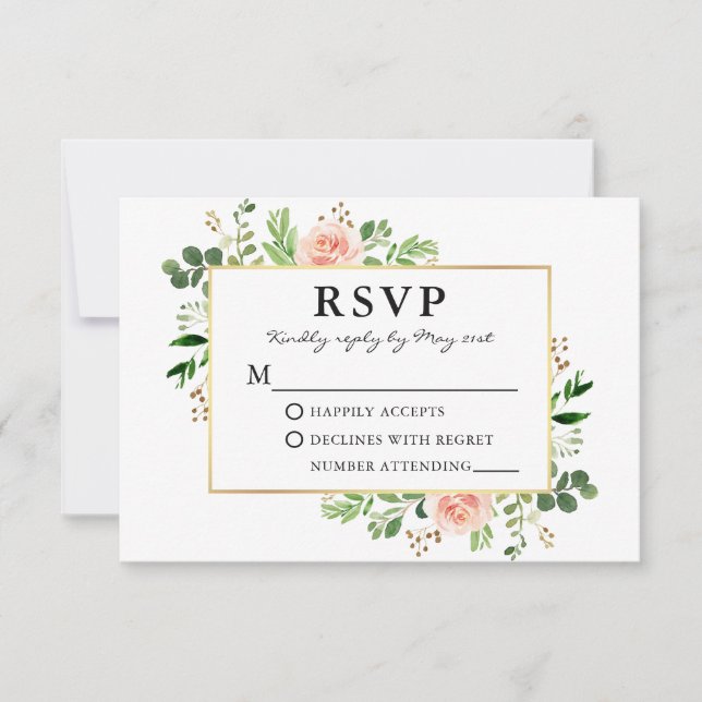 Watercolor Greenery Pink Roses Gold Wedding RSVP Card (Front)
