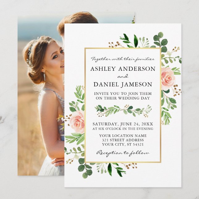 Watercolor Greenery Pink Roses Photo Back Wedding Invitation (Front/Back)