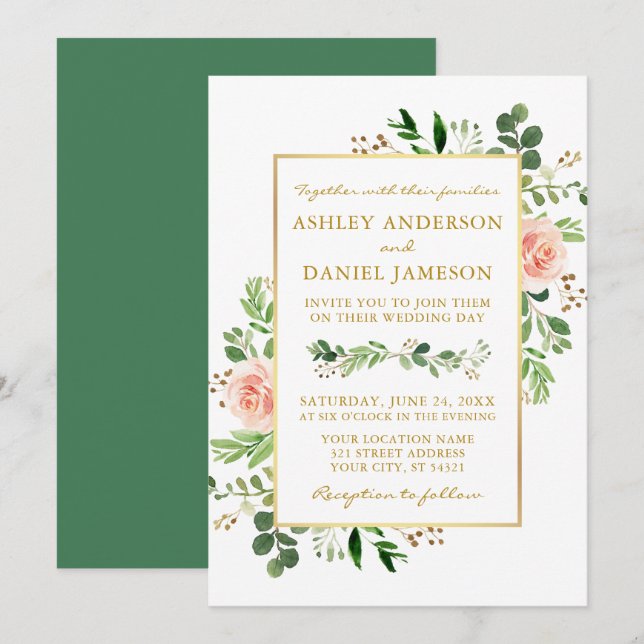 Watercolor Greenery Pink Roses Wedding Gold Invitation (Front/Back)