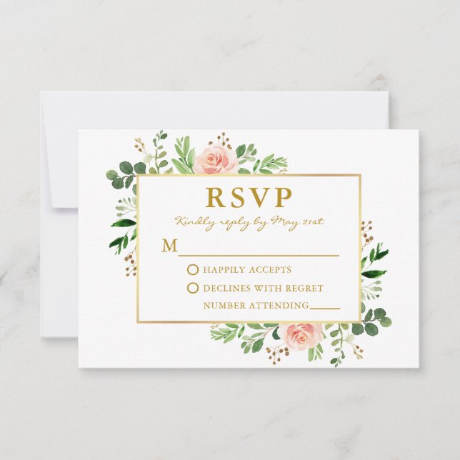Watercolor Greenery Pink Roses Wedding Gold RSVP Card (Front)