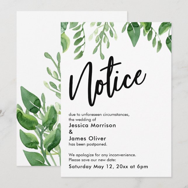 Watercolor Greenery Postponed Wedding Notice Card (Front/Back)
